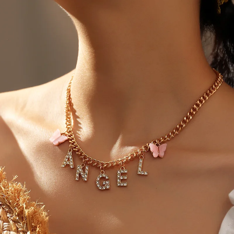 Rhinestone Luxury Jewelry Crystal Angel Statement Choker Letter Necklace Women