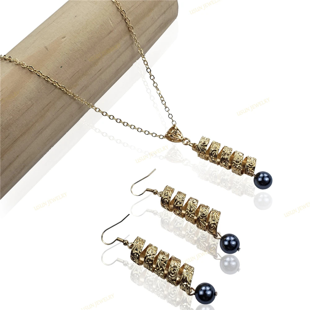 
2020 Hot designer hawaiian 14k gold plated plumeria flower tortile black pearl necklace and earrings set for women 