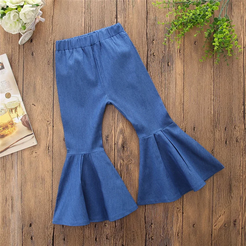 2020 New Kid Girl Flared Jeans Cute Solid Thin Blue Bell-bottoms For ...