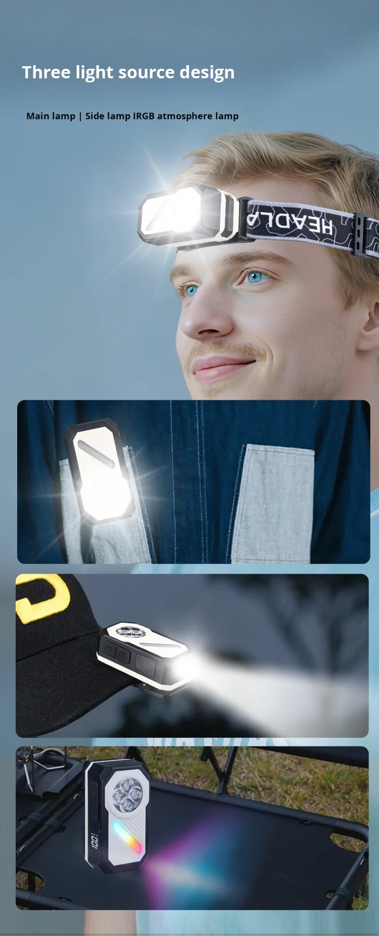 多功能EDC灯，带电子显示屏七色背光强磁铁可拆卸头戴式手电筒帽夹