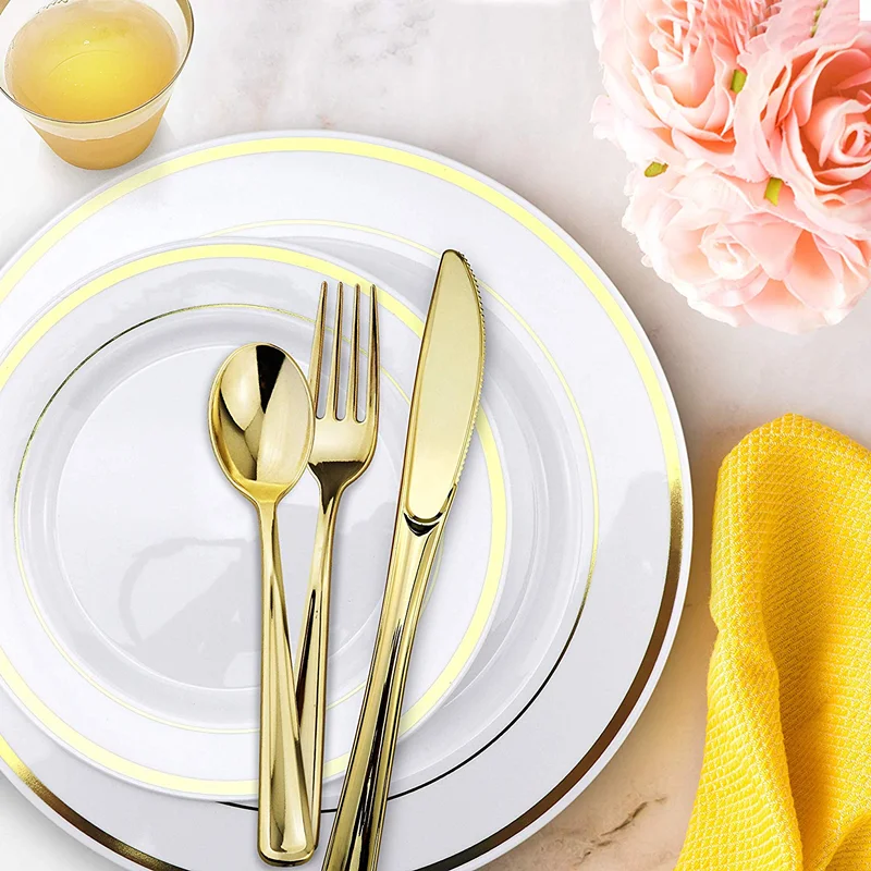 600 Pieces Rose Gold Rim Plastic Plates Silverware Disposable