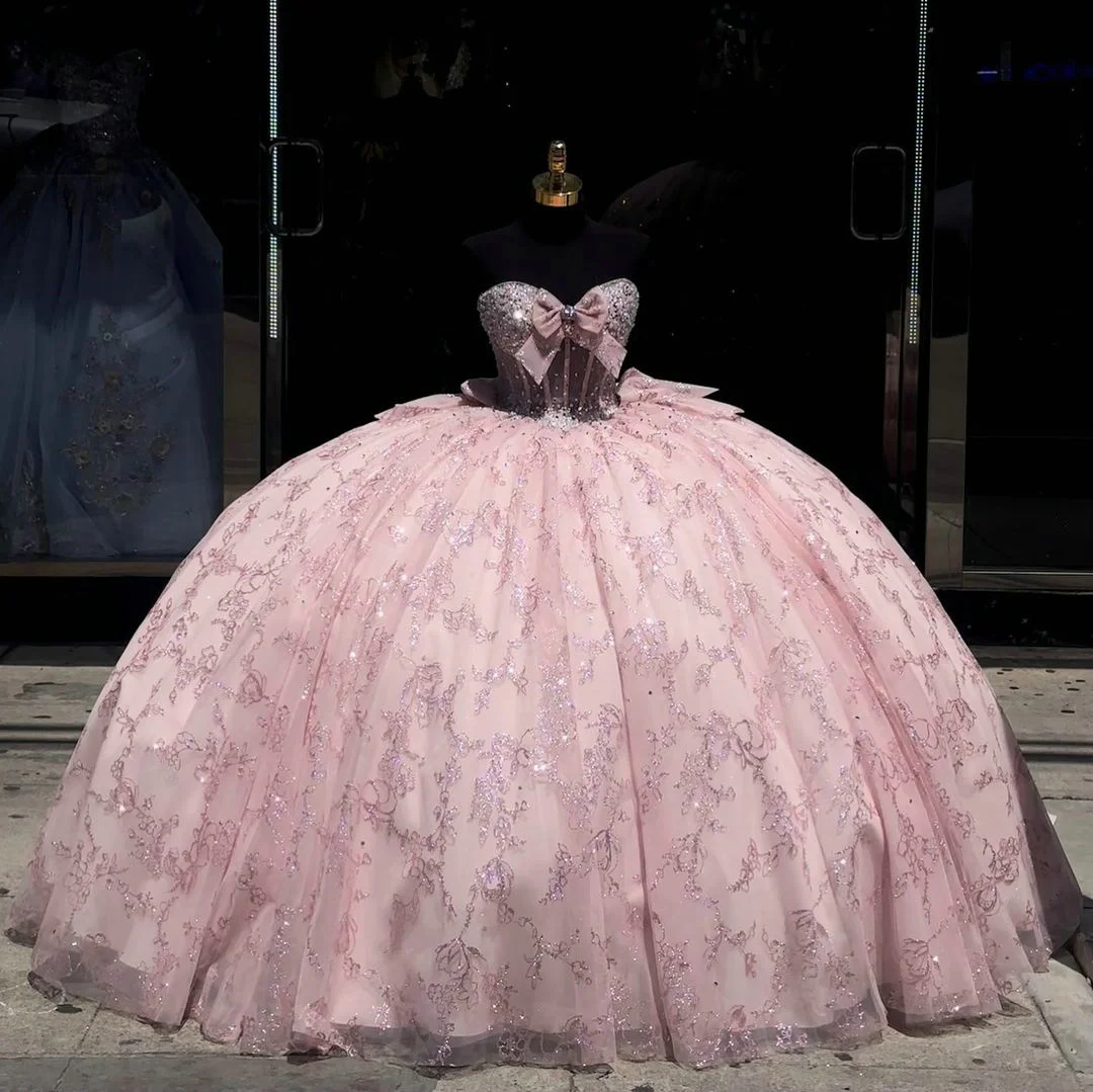 15 dresses pink Pink Quinceanera Dresses Off Shoulder Sweet 15 With Big Bow 3D Flower Ball Gown