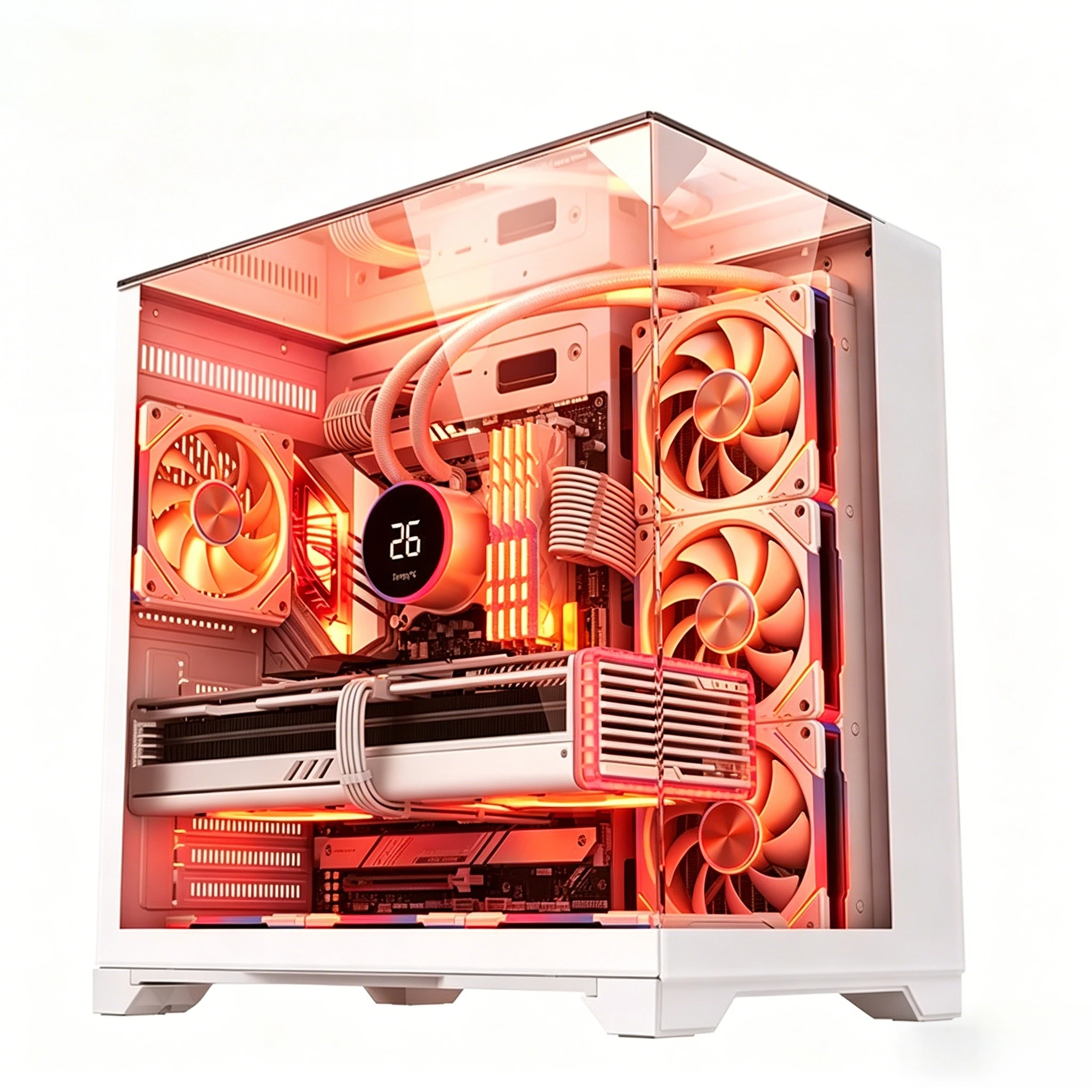 Modern custom gaming rig with RGB lighting, open case showing clean cable management and high-end GPU