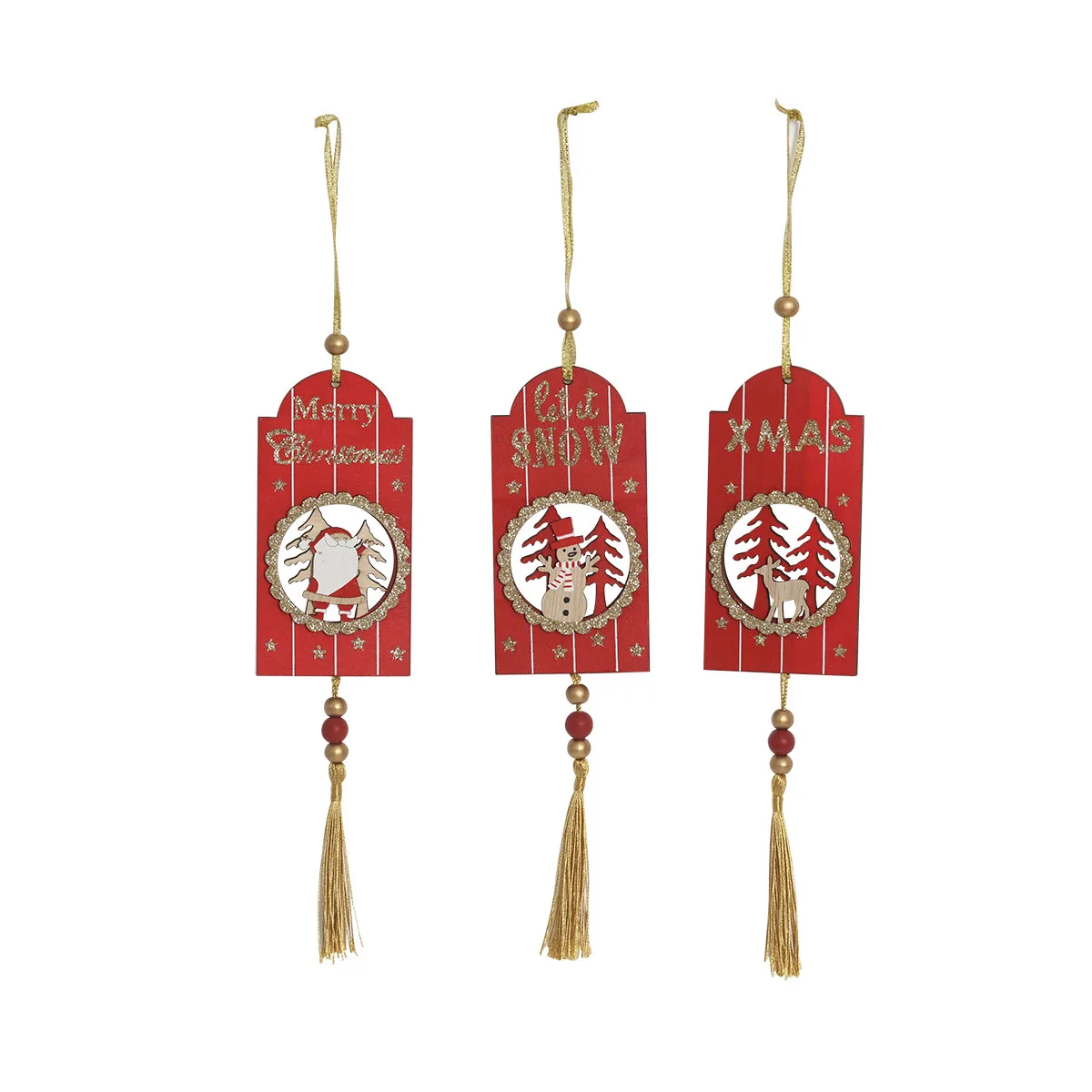 Wooden Christmas Hanging Ornament,3 Ass.,Red Flocking W/gold Glitters ...