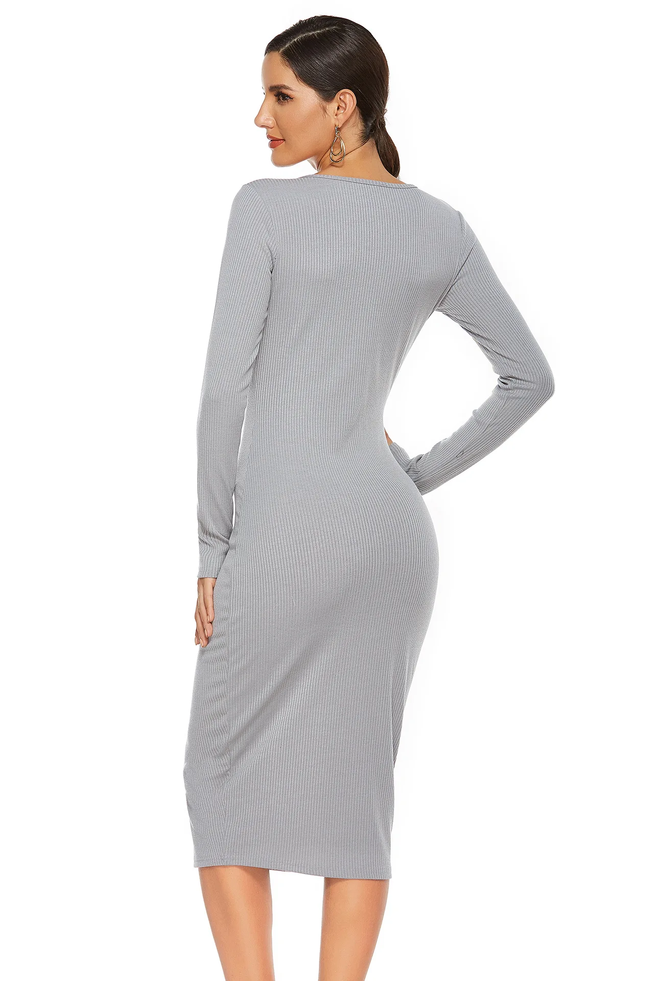 2020 Autumn Wholesale New Fashion Women Round Neck MIDI Dress Casual Slim Pure Color Leisure Slim Dress with Bottom