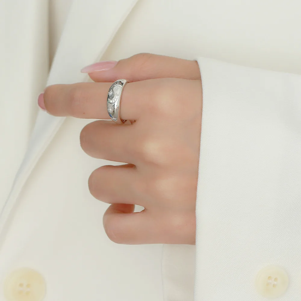 Women's Retro Light Luxury S925 Silver Ins Ring with Geometric Star Moon Diamond Niche Opening Lab Diamond Ring