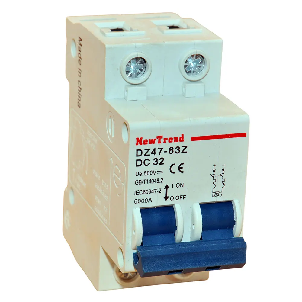 DZ47-63Z 2 Pole 63A 500V 1000V DC MCB 1 2 3 4 6 10 16 20 25 32 40 50 63 Amp 2P Solar DC Circuit Breaker 63A