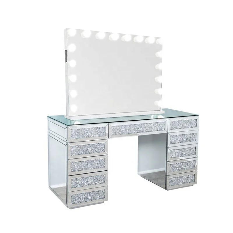 glitter dressing table Sparkly Diamond Crushed Bedroom Furniture Girls Glass Top Vanity Dressing  Table With Lighted Mirror