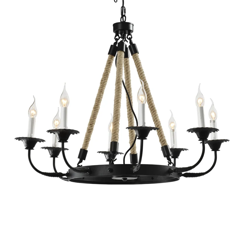 North American Retro Decorative Hanging Lamp Hemp Rope Candle Chandelier D850 E12 Metal Matte Black Round Pendant Light