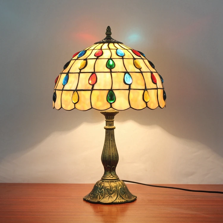 12 inches European simple colored bead Tiffany glass lamp Bedroom bedside lamp DIA30CM Alloy base LED tifany desk lamp