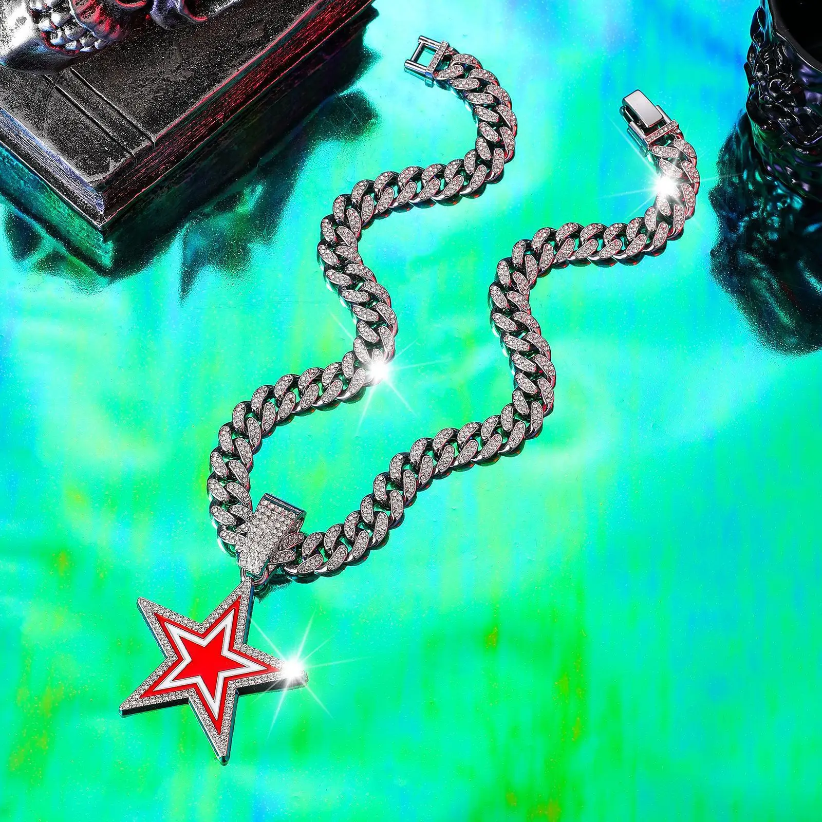 product european american style full diamond blue five pointed star pendant necklace fashionable hip hop design for men women for gift-19