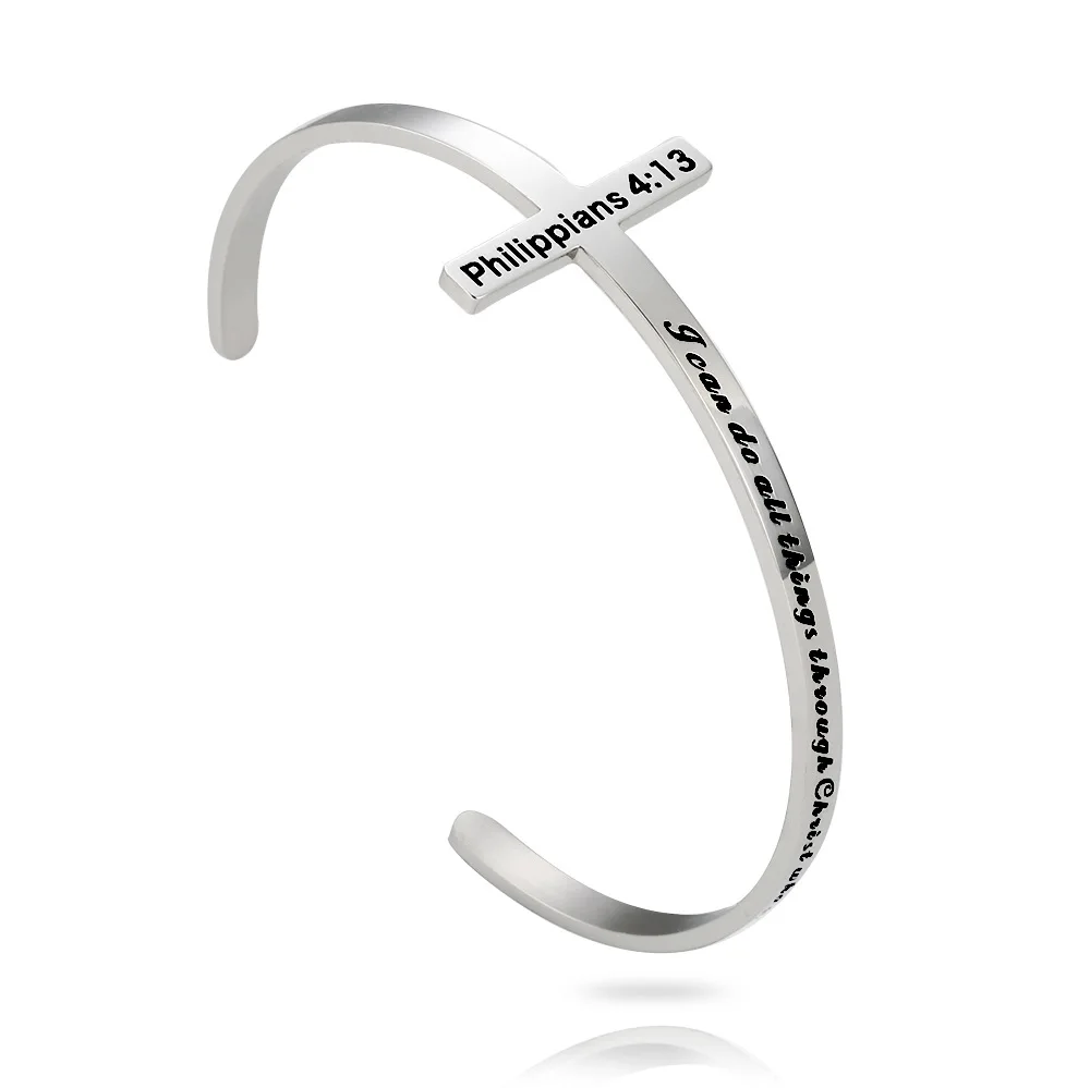 Cross Bracelet Christian Gift For Women Engraved Religious Cuff Bangle