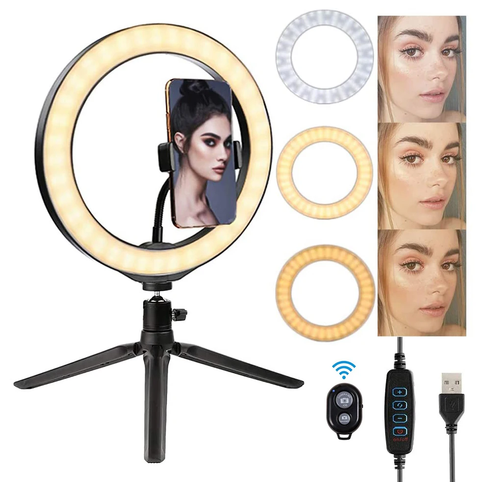 
10Inch 3 Modes 10 Brightness Levels 3000K-6000K Table Top 120 Led Ring Light with Tripod Stand and Phone Holder for Makeup Video 