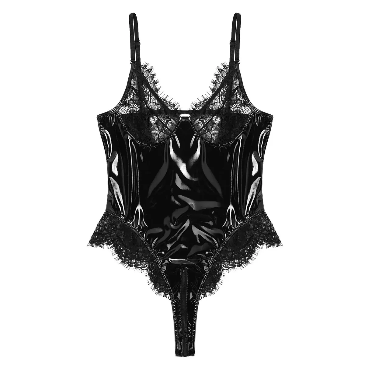 Women One Piece Lingerie Wetlook Patent Leather Sexy Lace Cups Zippered Crotch Teddy Bodysuit 8180