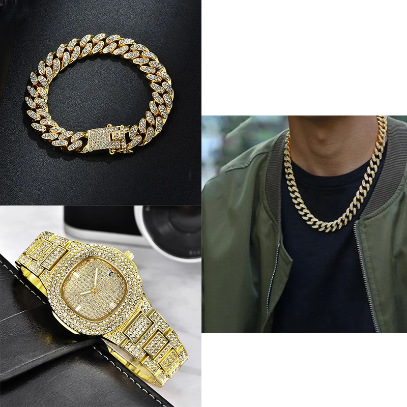 New Brass 12mm Prong Cuban Link Chain Choker +watch Set For Men Fashion ...