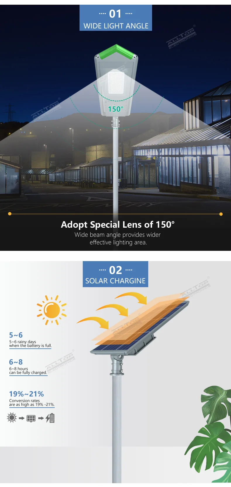 ALLTOP High power garden motion sensor outdoor integrated 150w IP65 all in one led solar street light