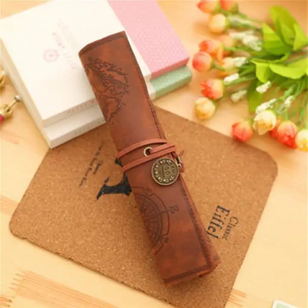 Hot Vintage PU Leather Cosmetic Bag Luxury Treasure Map Pencil Cases Roll Pen Bag Pouch