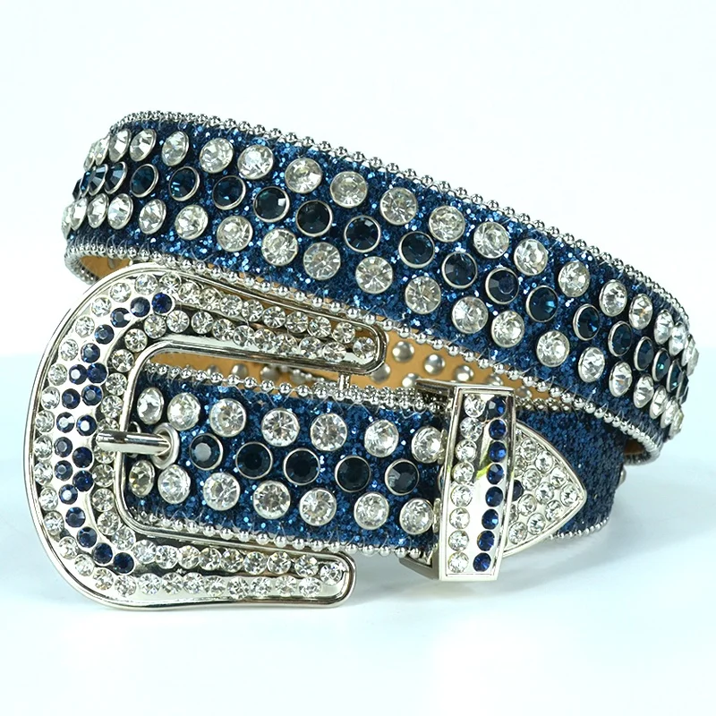 New Bling Bling Blue Rhinestone Belt Designer Square Crystal