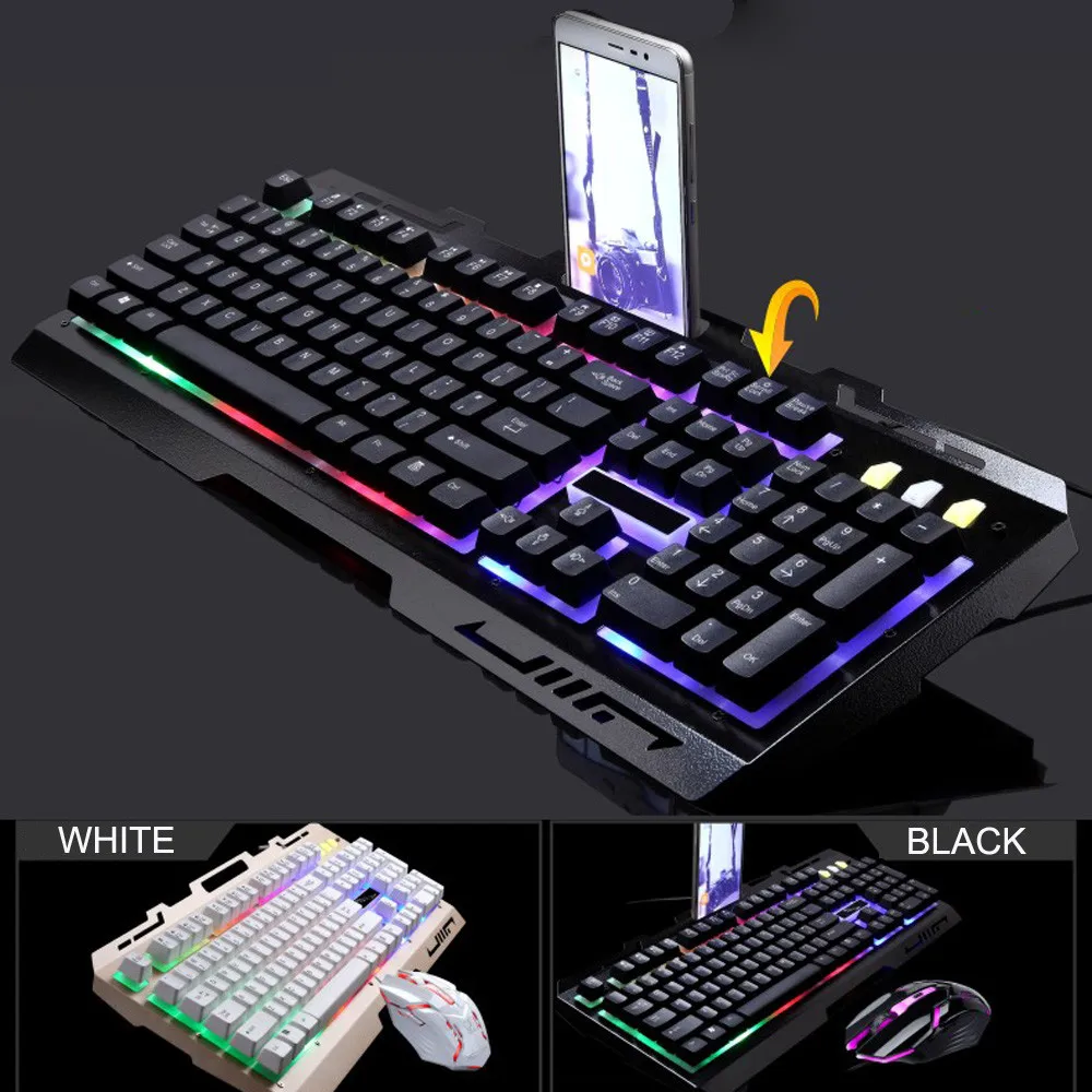 USB Wired  Ergonomic LED Rainbow Color Backlight One handed Mechanical Gaming Keyboard Combo Mouse Set For PC