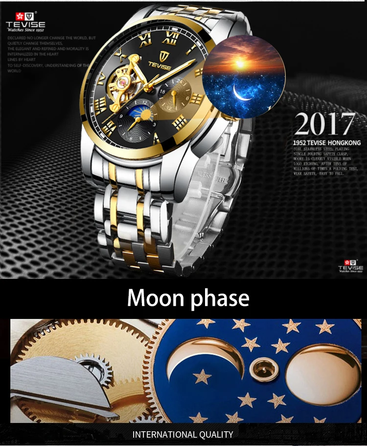 TEVISE 795A new design gold man mechanical watch potty steel Strap Waterproof moon phase full automatic business watch design