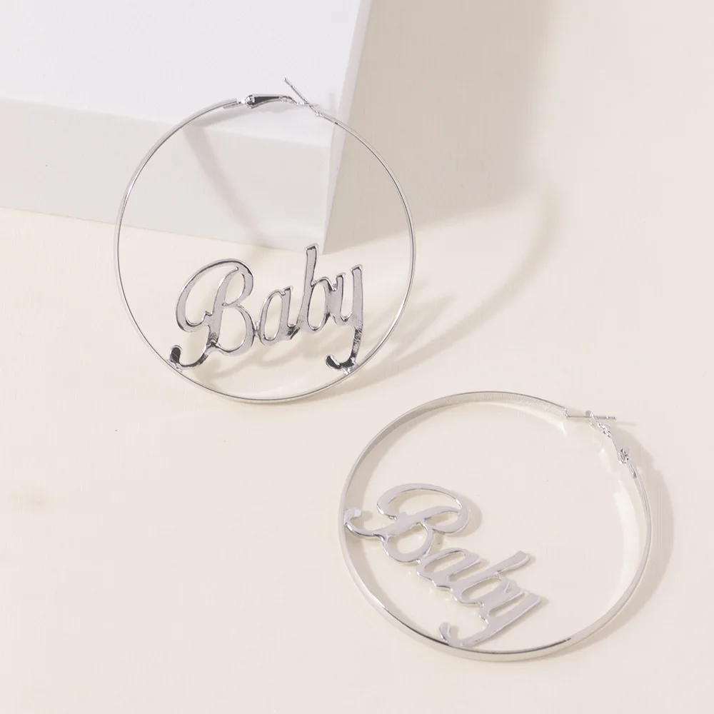 hovanci简约几何宝宝字母大圈耳环夸张金色字大夹子耳环