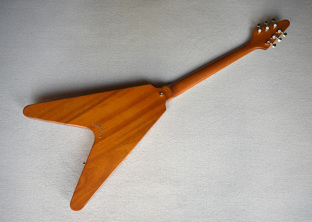 Natural Wood Color Mahogany Solid Body Flying V Shape Electric Guitar