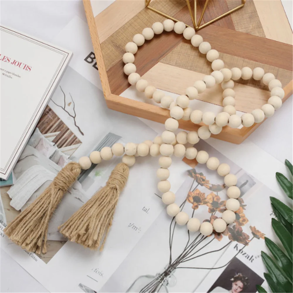 Wood Beads Garland With Tassels Farmhouse Rustic Natural Wooden Bead