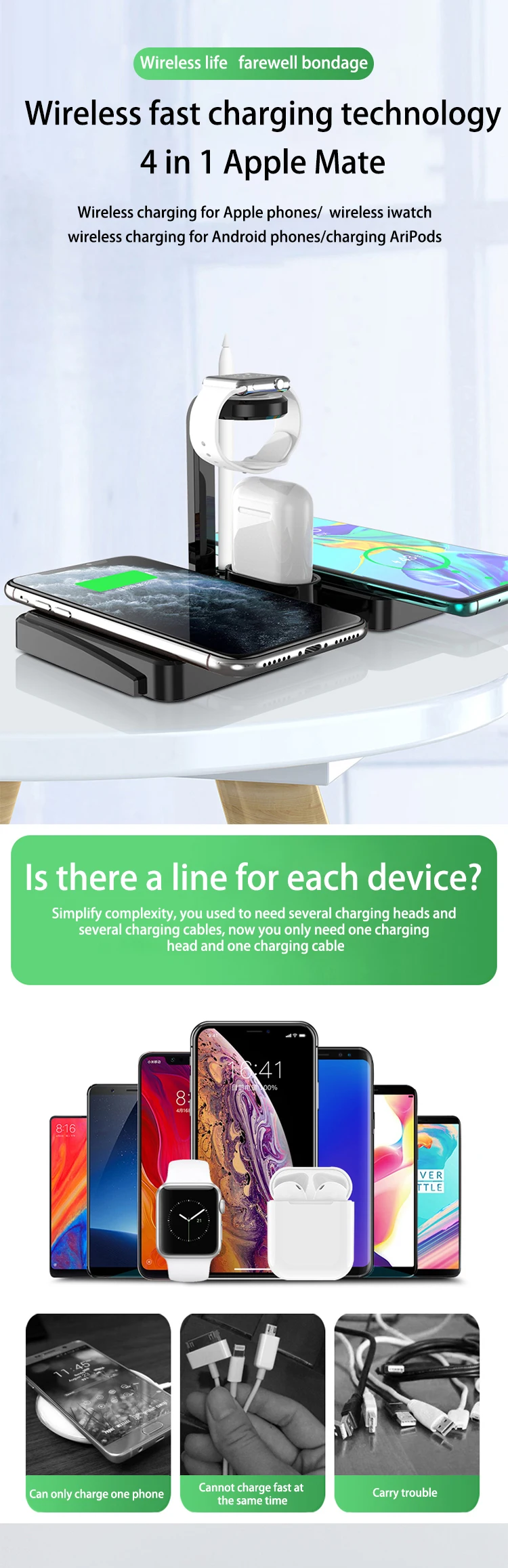 wireless charger 4 in 1 new products 2020 for iphone 7/6/8 plus mobile phones for apple/watch headset wireless charging