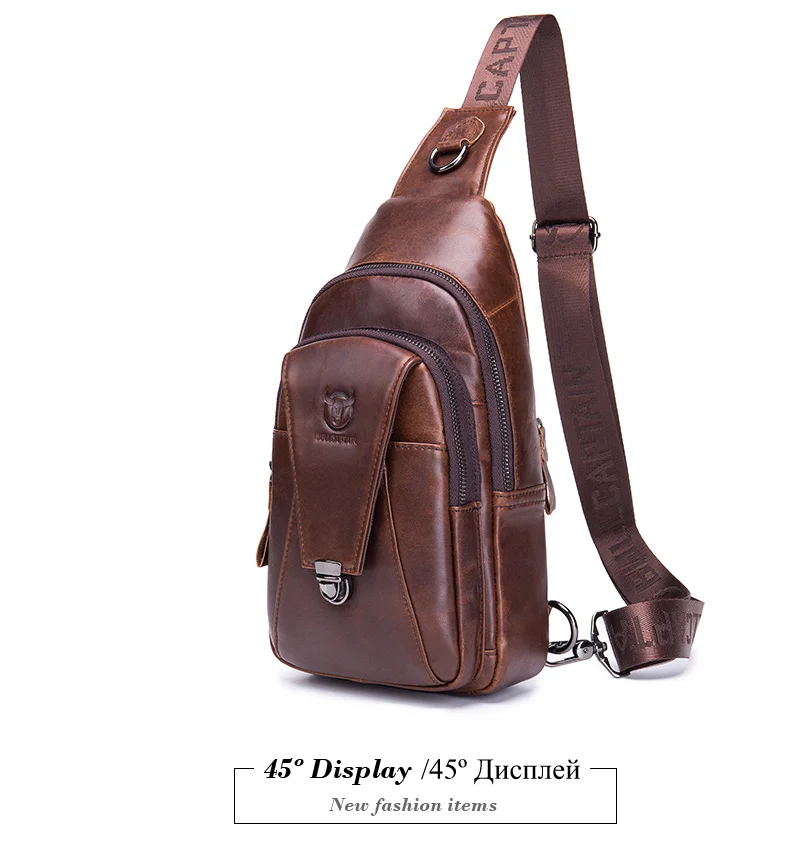 BULLCAPTAIN Genuine Leather Men Bags Shoulder Sling Crossbody Bag Casual Mens Chest Bag Travel Hiking Backpack 