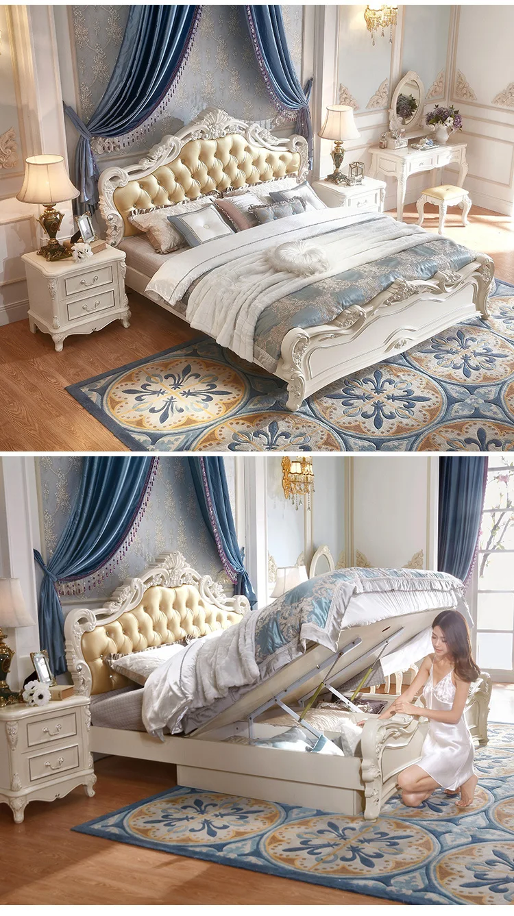 French Wooden Timber Queen Size Leather Modern Bed Frame Furniture 