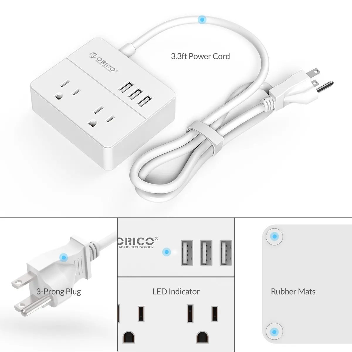 US standard Power strip with 2 AC Outlets Power Socket and 3 USB Smart Charging Ports Extension Socket Strip