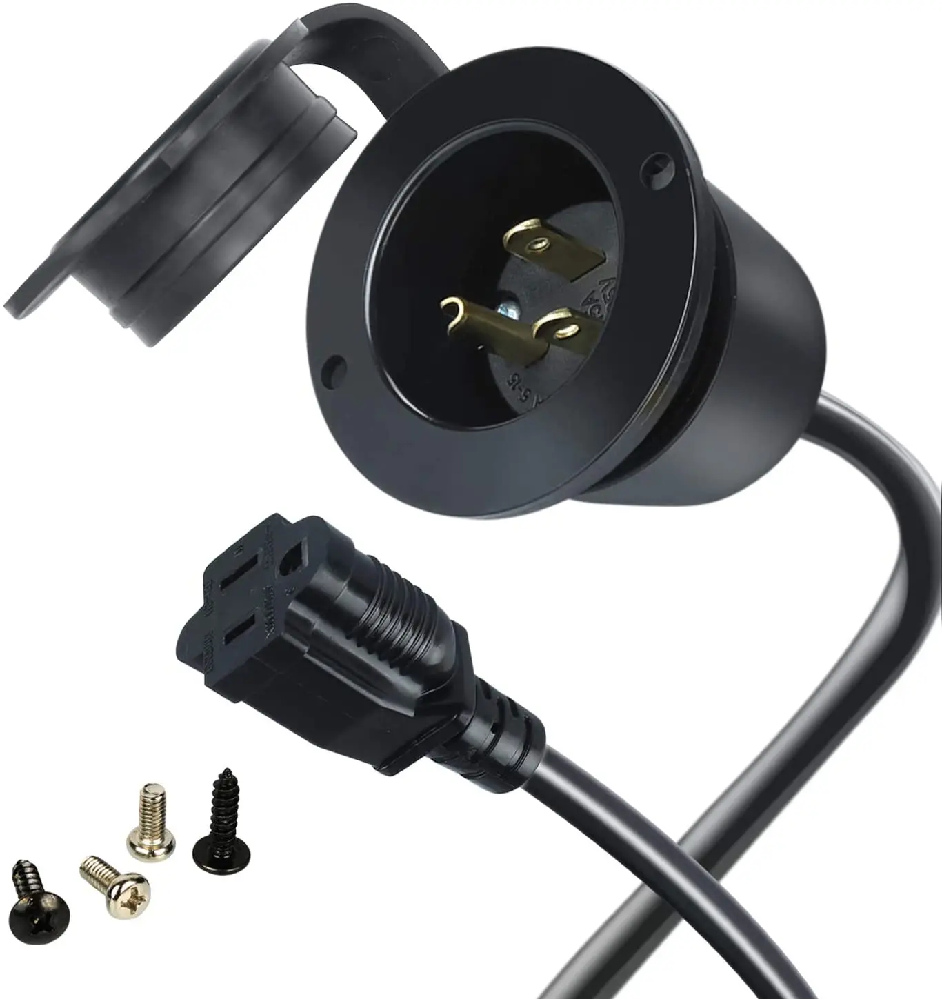 15A 125V NEMA 5-15 Flanged Inlet Power Plug with  Waterproof Extension Cord+ Waterproof Cover, UL Listed