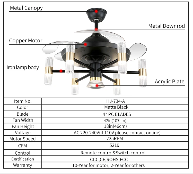 734a Modern Crystal 42 Inch Ceiling Fans Lights 110 220v Decorative ...