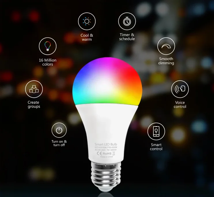 Wi-Fi smart led light bulb E27/E26/B22 RGBCW 7W Google Home Alexa Tmall Genie Voice Mobile Phone tuya APP