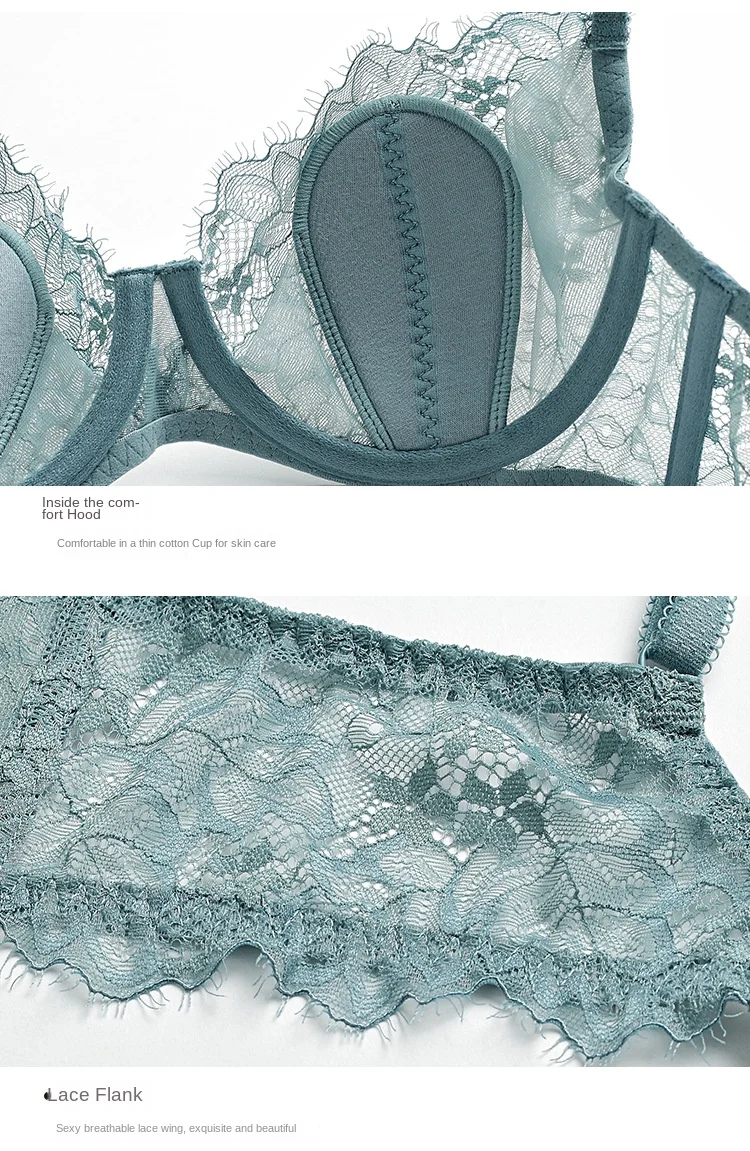 Women's Sexy Lace Thin Transparent Bra Set Large Size Wire-Free Support Adjusted Straps Breathable Solid Pattern Waist Thongs