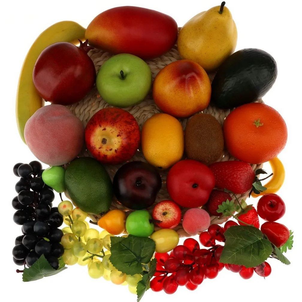 
30 Fruits Decoration Realistic Artificial Fruit Fake Lemon Banana Apple Grape Peach Pear Mango Strawberry Orange 