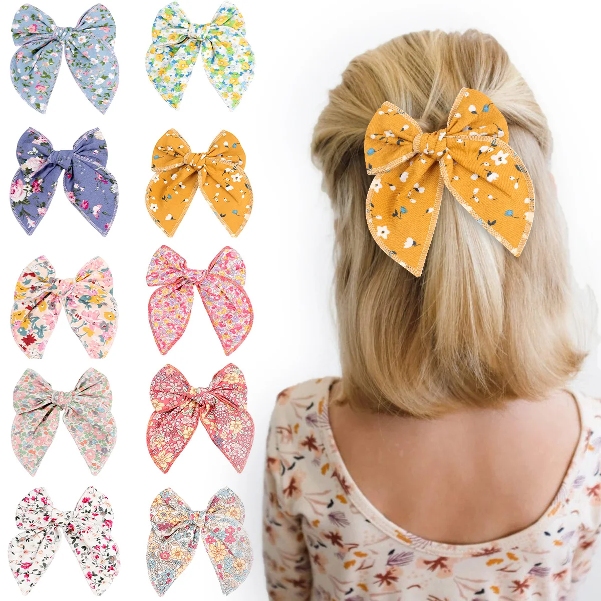 Elegant Floral Cotton Hair Bows Spring Hair Clips Fashion Print