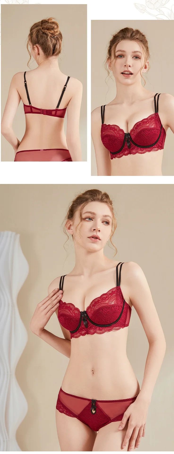 Benmingnian Red Lace Bra Thongs European American Sexy Ultra-Thin Underwear Adjustable Straps Pure Big Chest Showy Large Size