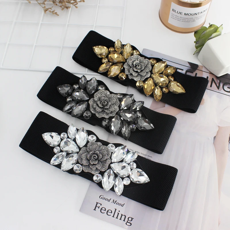 Women Rhinestone Wide Elastic Belt Waistband With Bling Diamond Jewelry