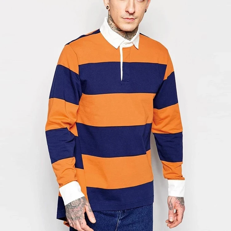 china wholesale custom logo long sleeve men striped cotton rugby shirts