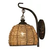 Art deco black metal vintage bamboo weave lampshade E27 rattan led wall lamp outdoor