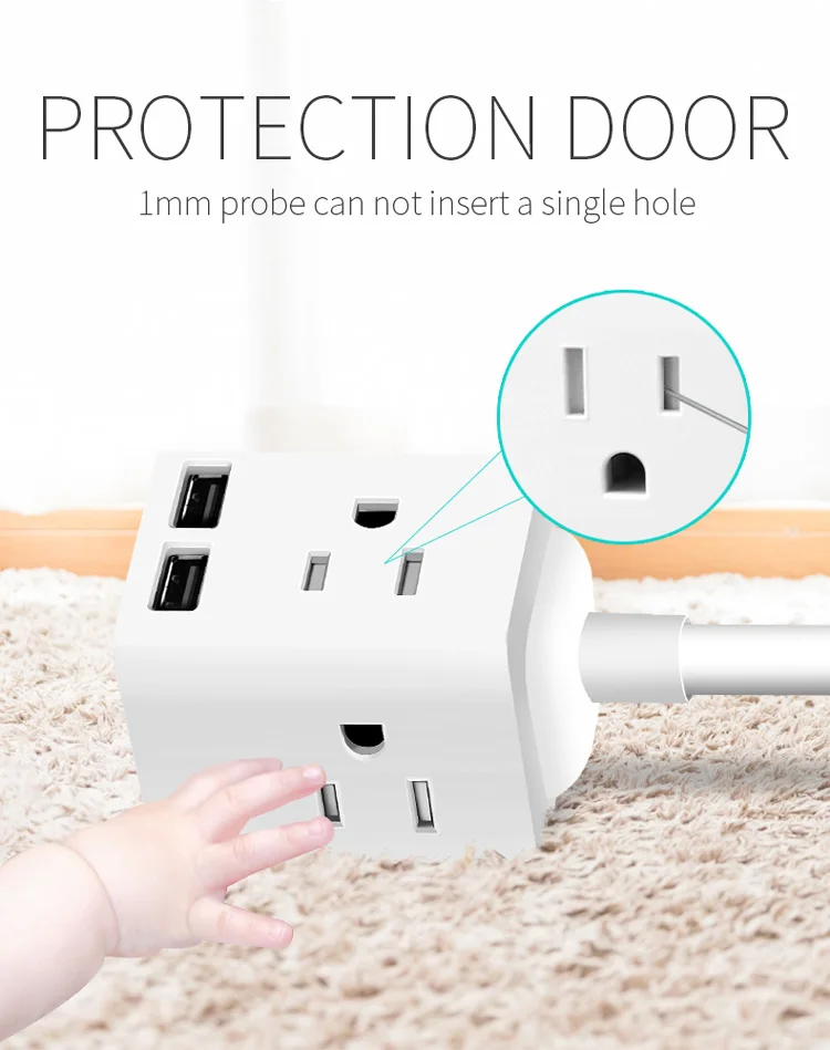 Extension multi 4 socket and 2 usb port usa cube square outlet usb 3-pin power strip adapter socket with cord