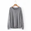 O neck grey color knitted sweater women long sleeve basic pullover with pocket