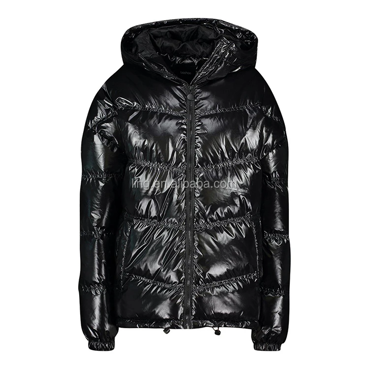 Women's Black High Shine Cire Oversize Panelled Puffer Down Jacket With ...