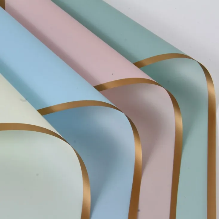 New Design Golden Edge Flower Wrapping Paper Waterproof Florist Plastic