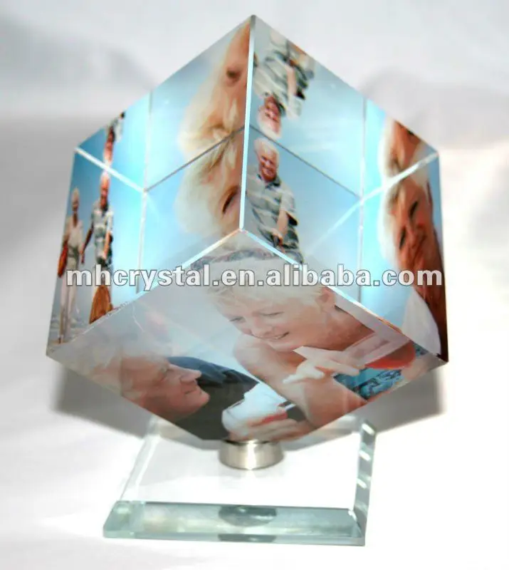 rotating crystal cube photo frame with led
