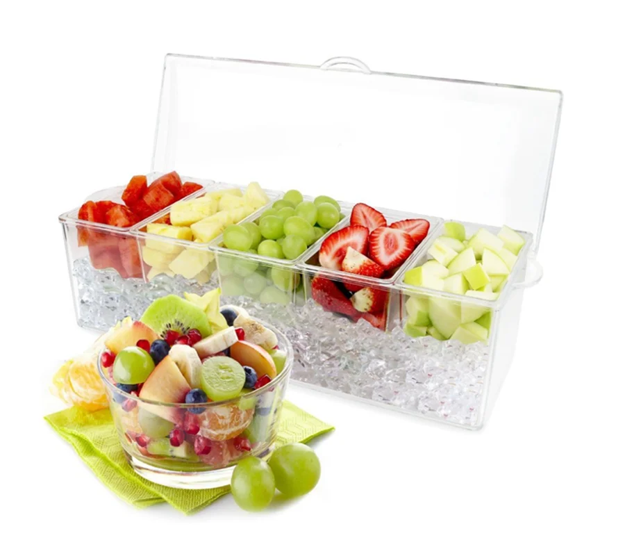 Ice Chilled 5 Compartment Condiment Server Caddy,Serving Tray Container