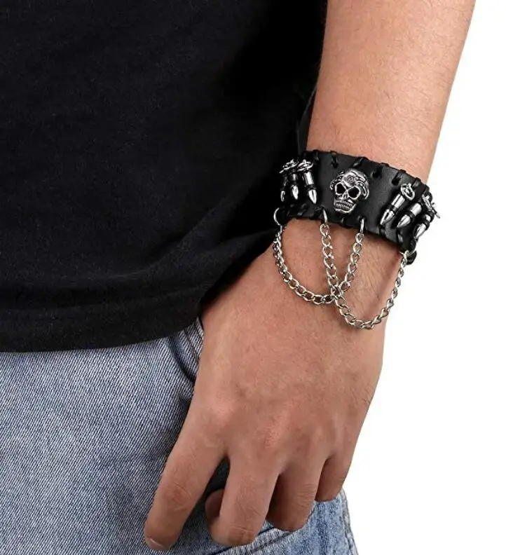 Xusamss Punk Rock Alloy Buckle Leather Wristband Skull Cuff Bracelet,7.5 Wrist 