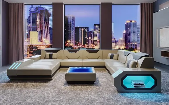 Luxury Modern LED U Shaped Living Room Sofa Set 7 Seater Designs