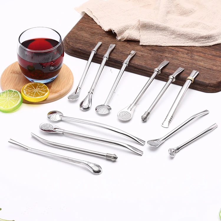 
Recyclable metal drinking straw spoon stainless steel yerba mate straw filter spoon for milk tea stainless steel straw spoon 
